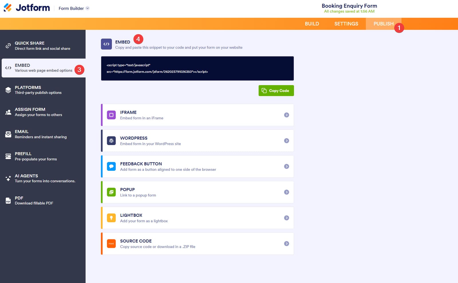Representation of embedding opportunities for forms created with Jotform.