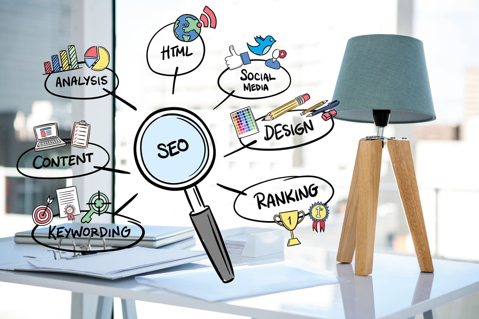 Representation of core parts of SEO that can be applied to your WordPress hotel website.