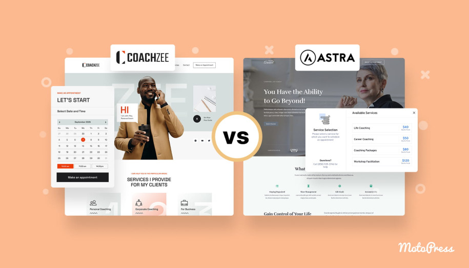 A featured image with two competing WordPress themes - Astra and Coachzee.