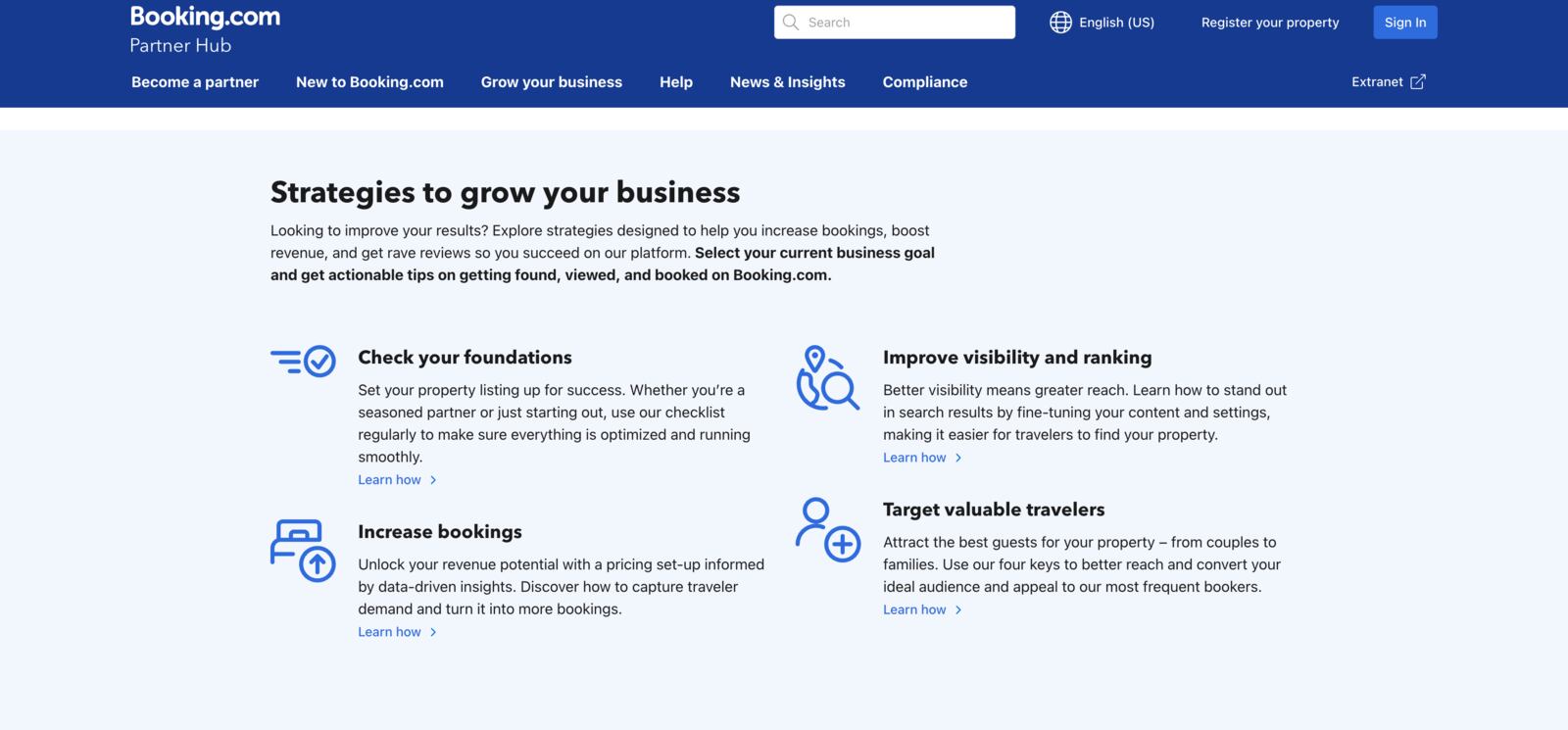 Screenshot of the Booking.com growth tools for hosts.