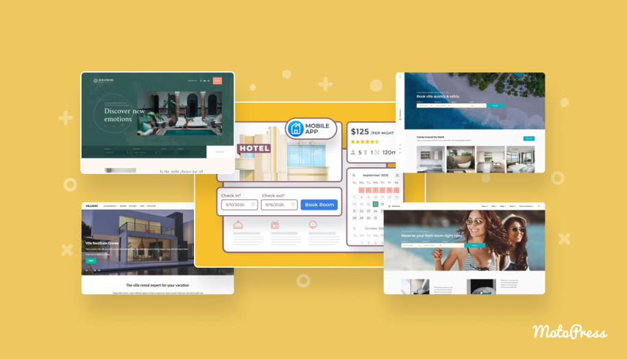 Featured image of tools and themes necessary for building a WordPress hotel website.