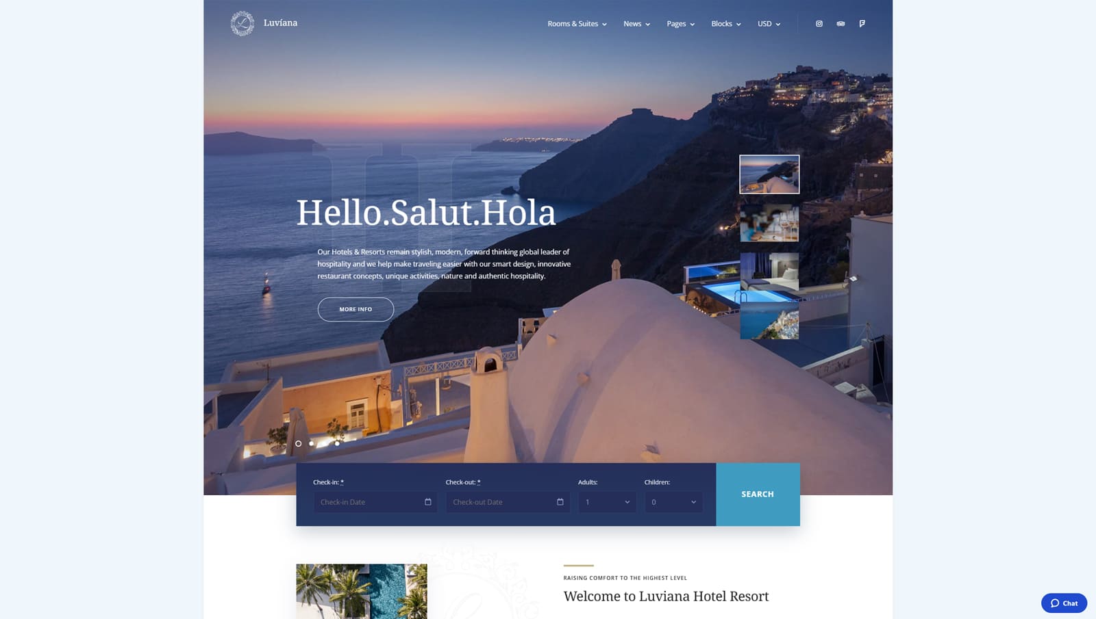Graphic of Luviana, a stylish solution for bed and breakfast websites on WordPress with 4 room page layouts.