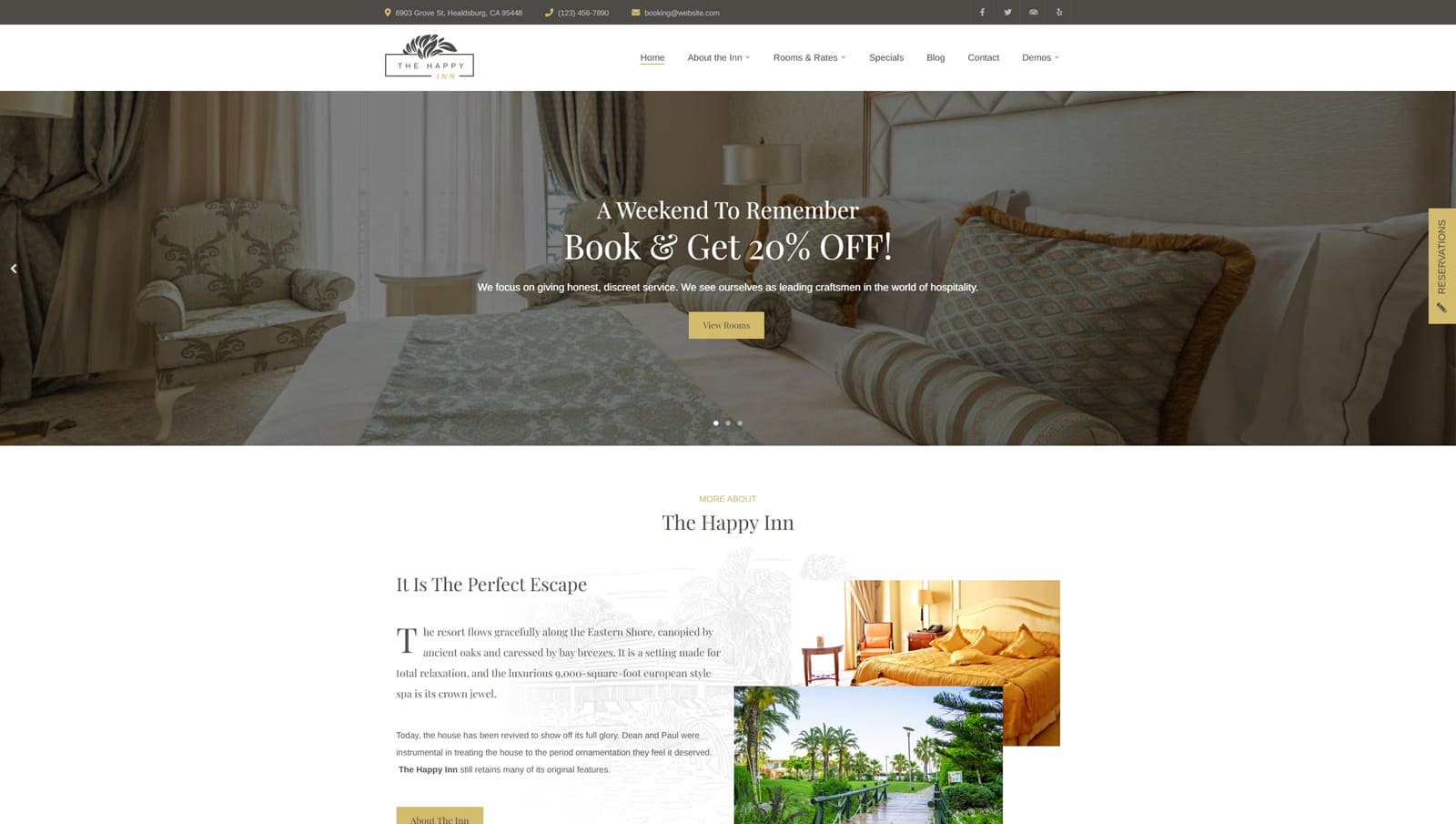 Visual of The Happy Inn, a bed and breakfast website design with a sticky header for easier navigation.