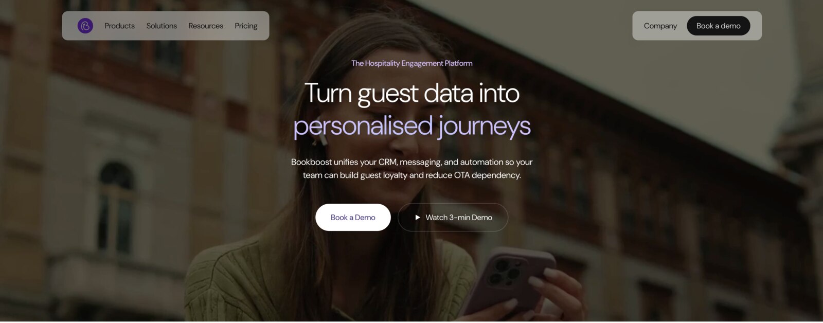 Screenshot of the Bookboost hotel guest text messaging solution homepage.