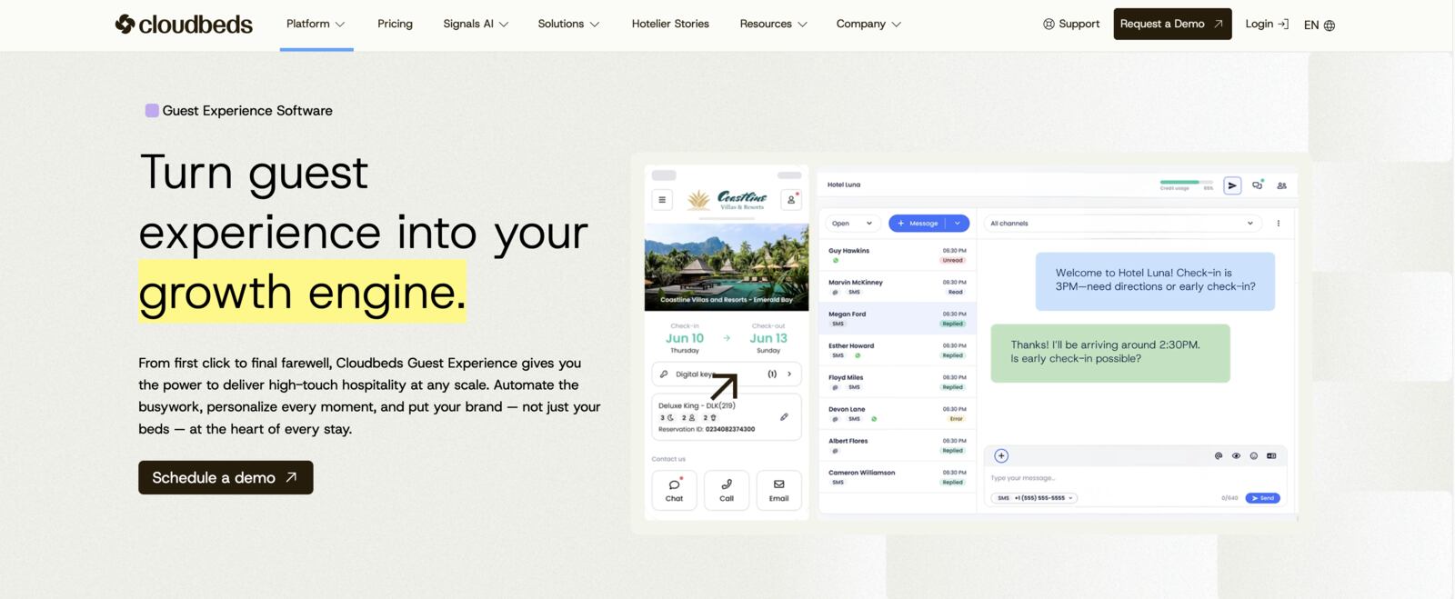 Screenshot of the Cloudbeds Guest Experience homepage.
