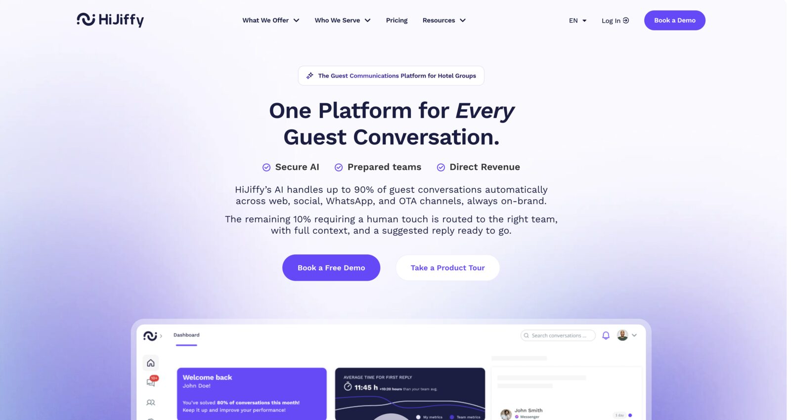 Screenshot of the HiJiffy guest messaging software homepage.