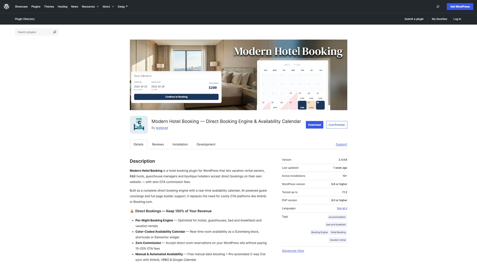 Image of Modern Hotel Booking, a feature-rich accommodation management plugin with unlimited room types.